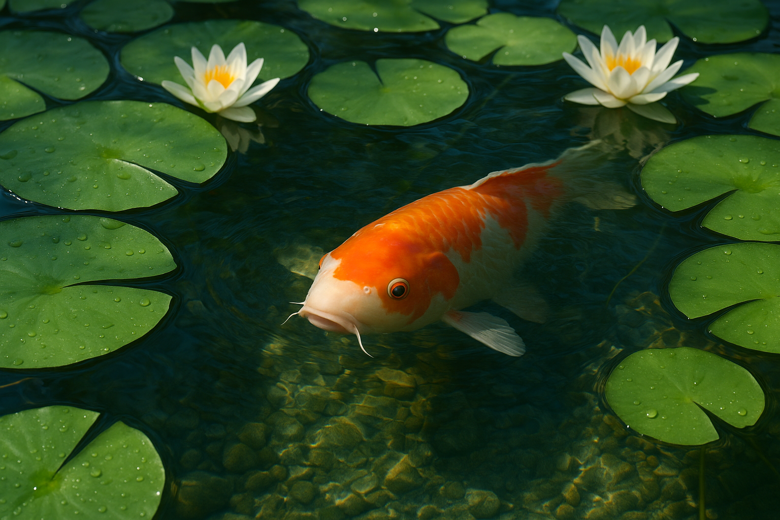 realistic image of pond with lilly pads and a koi fish peeking through the water